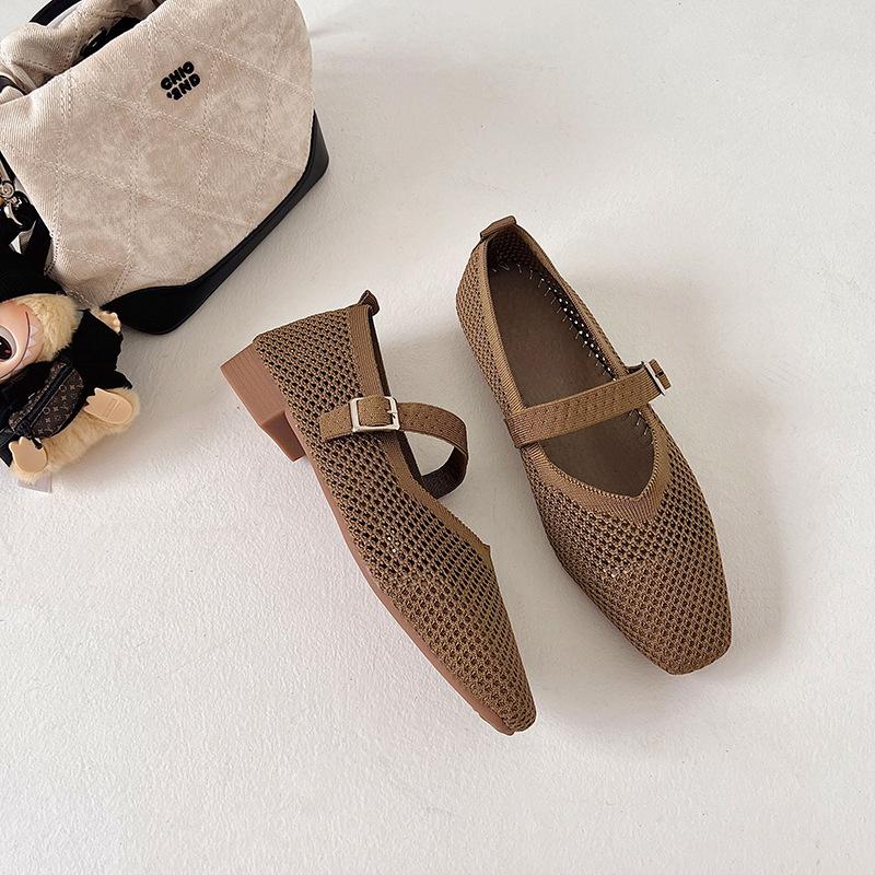 Fashion Women's Fly Weave Mesh Shoes Summer New Breathable Soft Sole Slip on Casual Shoes Lightweight Comfortable Buckle Strap Low Heels