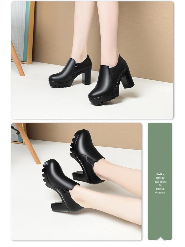 Women's Chunky Heel Platform Loafers - 2024 Spring/Autumn, Round Toe, Leather, Slip-On, Waterproof.