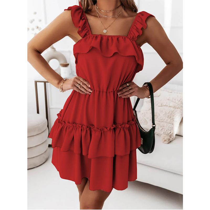 S-XXL New Summer Women's Solid Color Sling Stitching Double Layer Ruffle Dress Long Dress