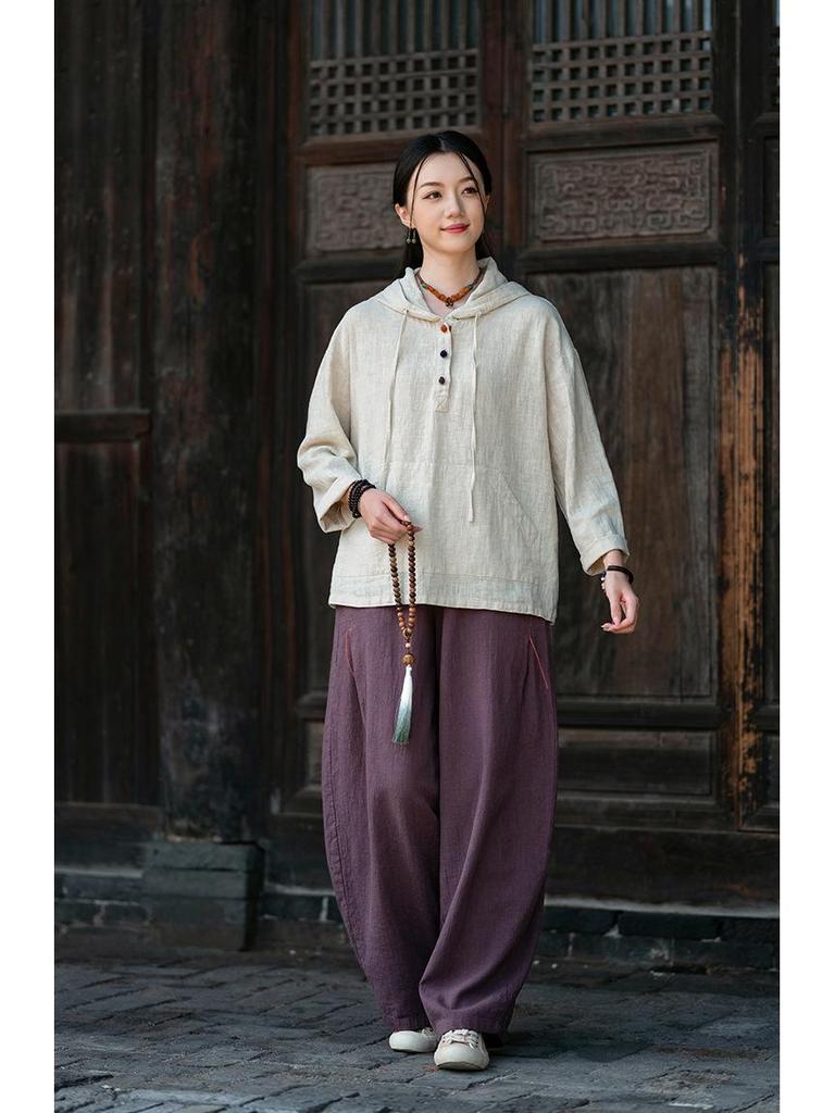Artistic Retro Women's Long-Sleeved Hooded Linen Pullover Sweatshirt - Loose Casual Washed Cotton Top