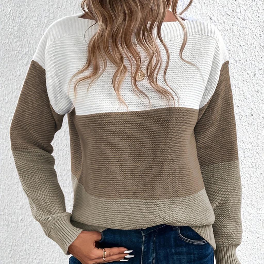 Autumn and Winter Knitted Sweater Women's Contrasting Color Spliced Round Neck Long Sleeved Pullover Top