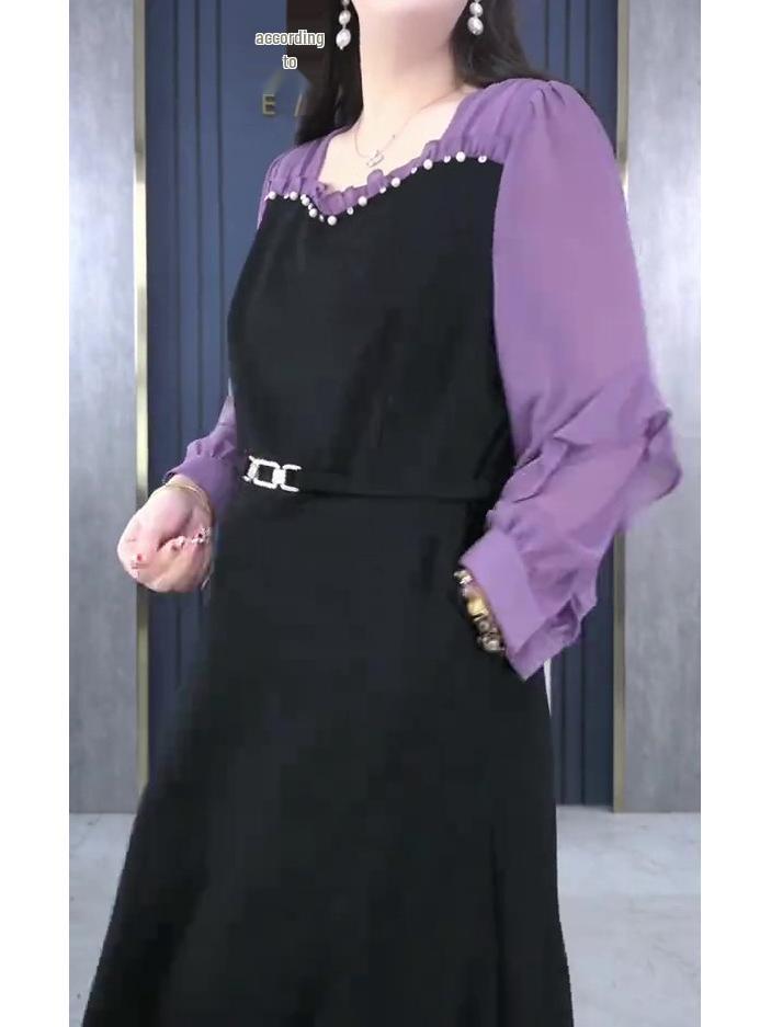 Elegant French Chiffon Plus Size Slimming Long Sleeve Dress for 30-Year-Old Moms - Spring/Summer Collection