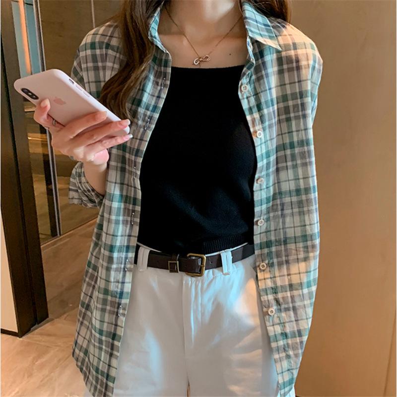Summer new retro Hong Kong style plaid shirt women's thin loose medium and long shirt sunscreen shirt jacket top trendy
