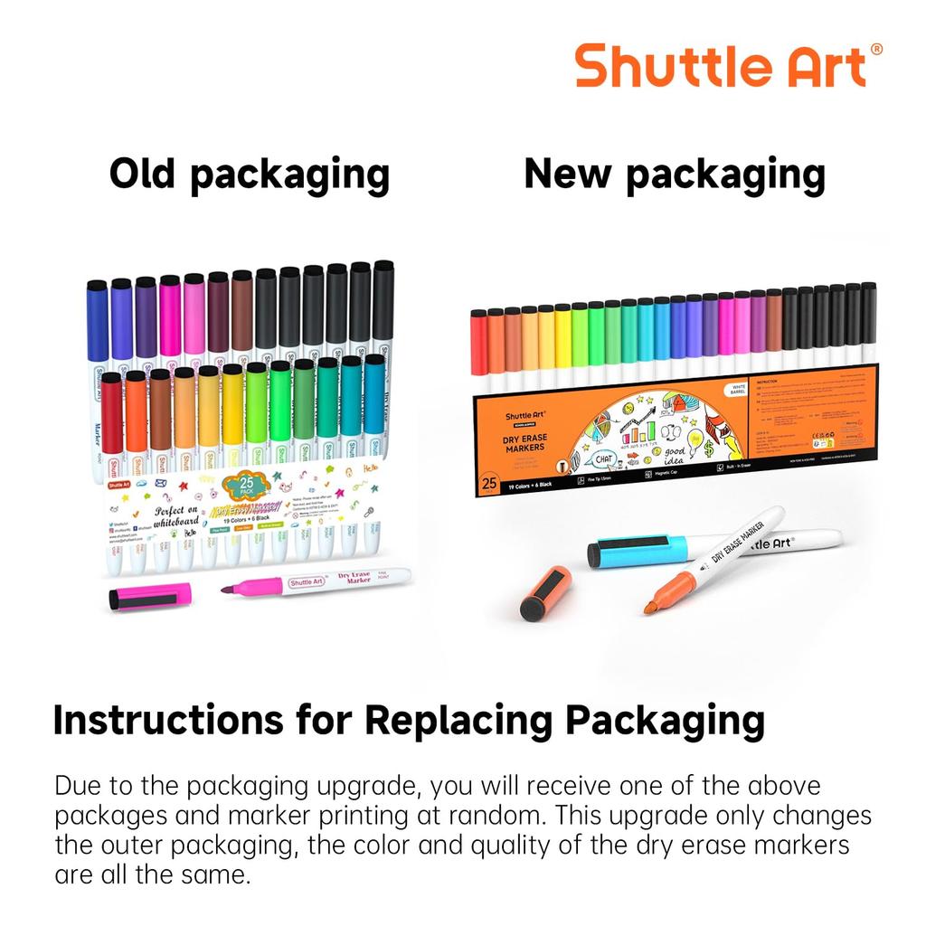 Shuttle Art Whiteboard Marker Set of Erasable Markers In 19 Colors with Fine Large Suitable for and LED Ideal for and 25 (6 Black), Magnetic, Eraser,