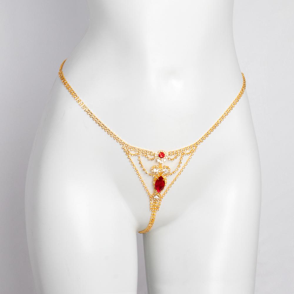 European & American Sexy Rhinestone Ruby Thong Bikini Body Chain for Women