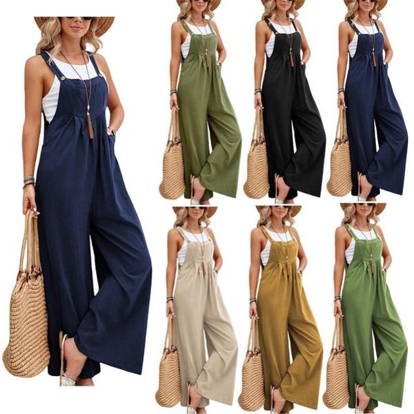 

Women s Solid Color Casual Strap Pants Wide Leg Pants S