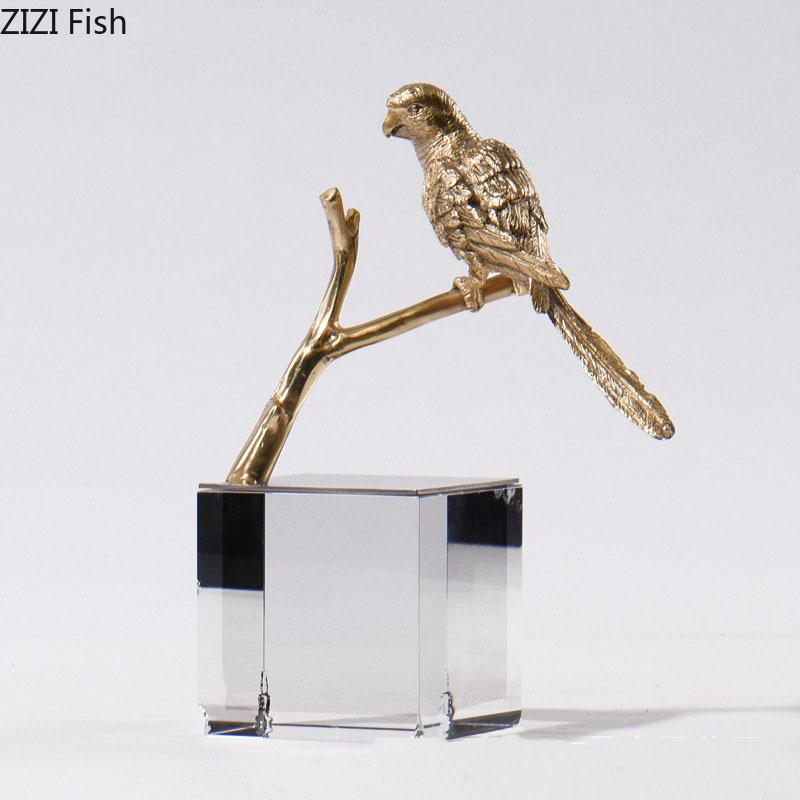 Crystal Base Copper Bird Crafts Creative Ornaments Desk Decoration Gold-plated Birds Statue Crystal Artwork Room Aesthetic Decor