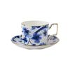 Modro-bílý kostní porcelánový pozlacený šálek na kávu a čaj s podšálkem - Retro design