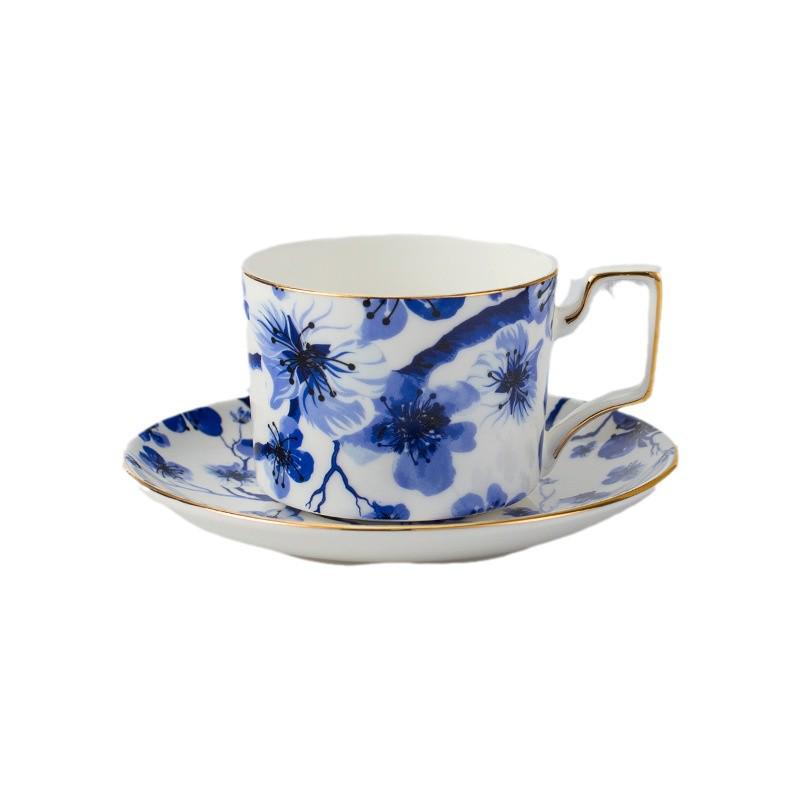Modro-bílý kostní porcelánový pozlacený šálek na kávu a čaj s podšálkem - Retro design