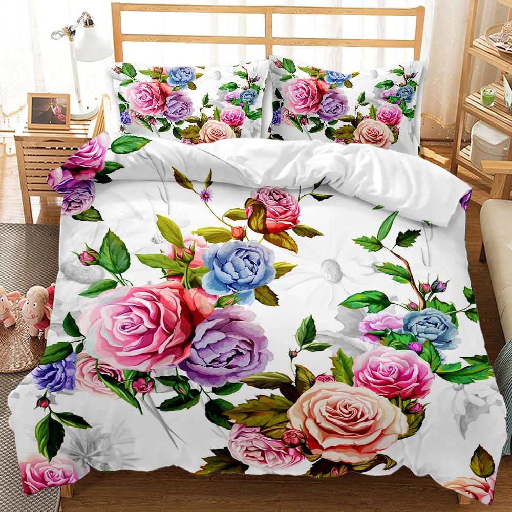 Flower Duvet Cover Set Colorful Flower Fresh Garden Botanical Twin Comforter Cover Women Flower Polyester Bedding Set Queen King