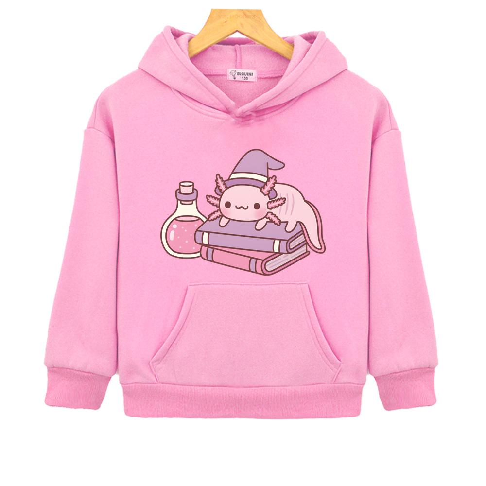 Cute Axolotl on Books Witches Familiar Hoodies Kids Cartoon Print Sweatshirts Children Clothing Girls Clothes Tops