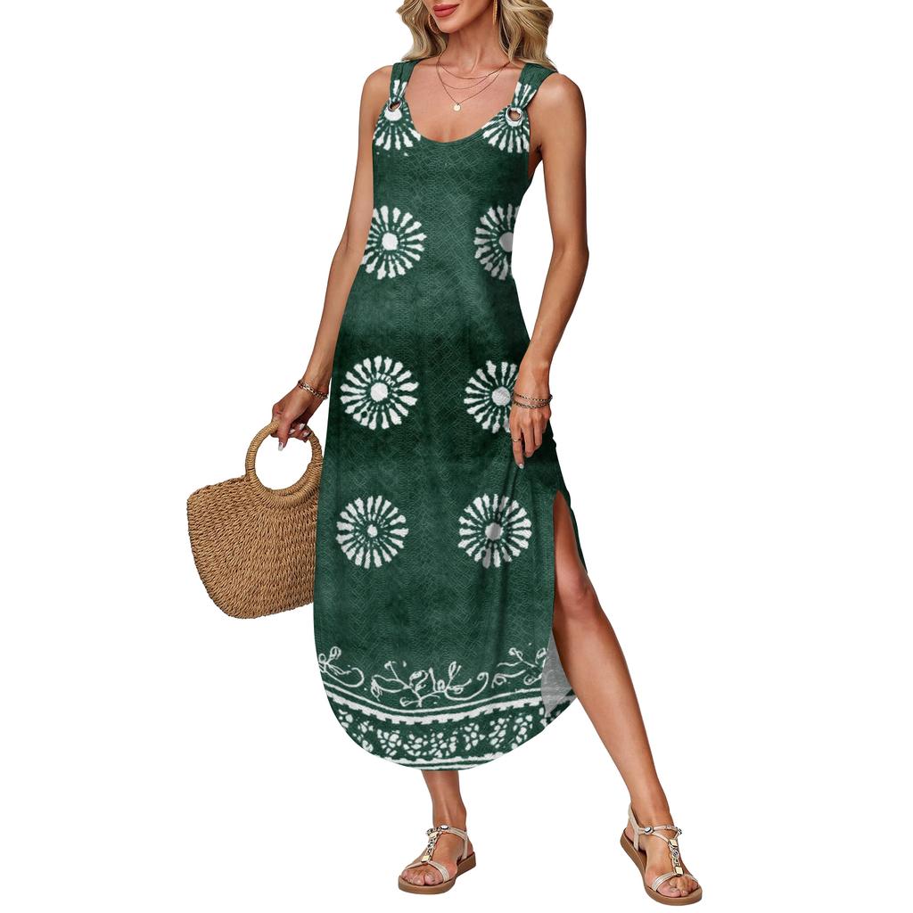 Women's Summer Long Dress, Sleeveless With Side Slits, Long Retro Printed Camisole Dress