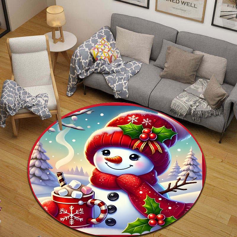 Snowman Christmas Holding a Cocoa Mug in the Snow Round Rug, Red White Christmas Style Design, Cozy Bedroom Living Room Playroom Nursery