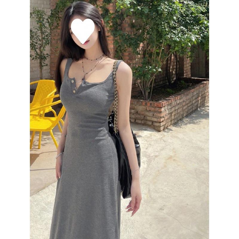 Grey suspender dress women's summer texture high-end sense slim and thin pear-shaped figure hip-wrapped long skirt
