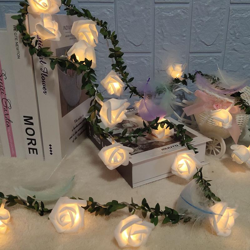 LED Solar Rose Flower String Lights with Green Leaf Vine for Romantic Indoor/Outdoor Decor