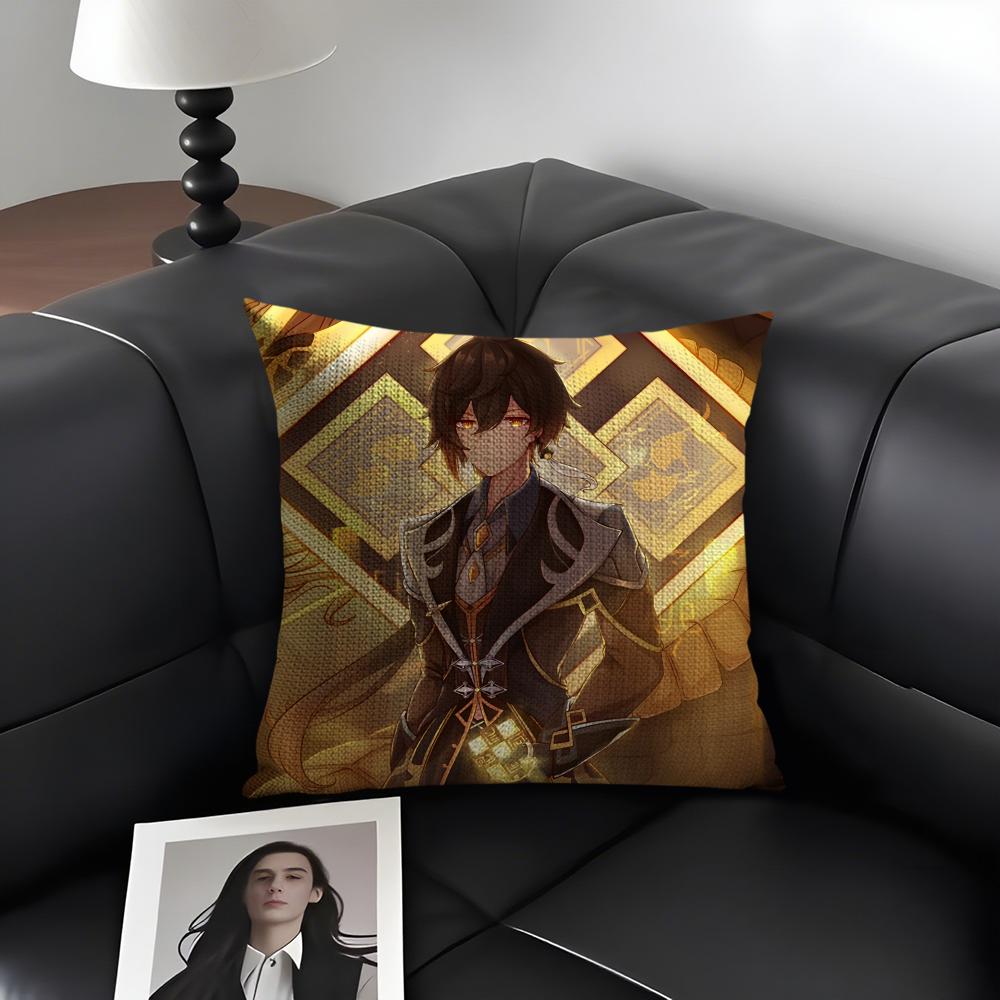 Zhongli Genshin Impact Cushion Cover Natural Linen Organic Fabric Double-Sided Printing Sofa Home Decor Gift Pillow Case
