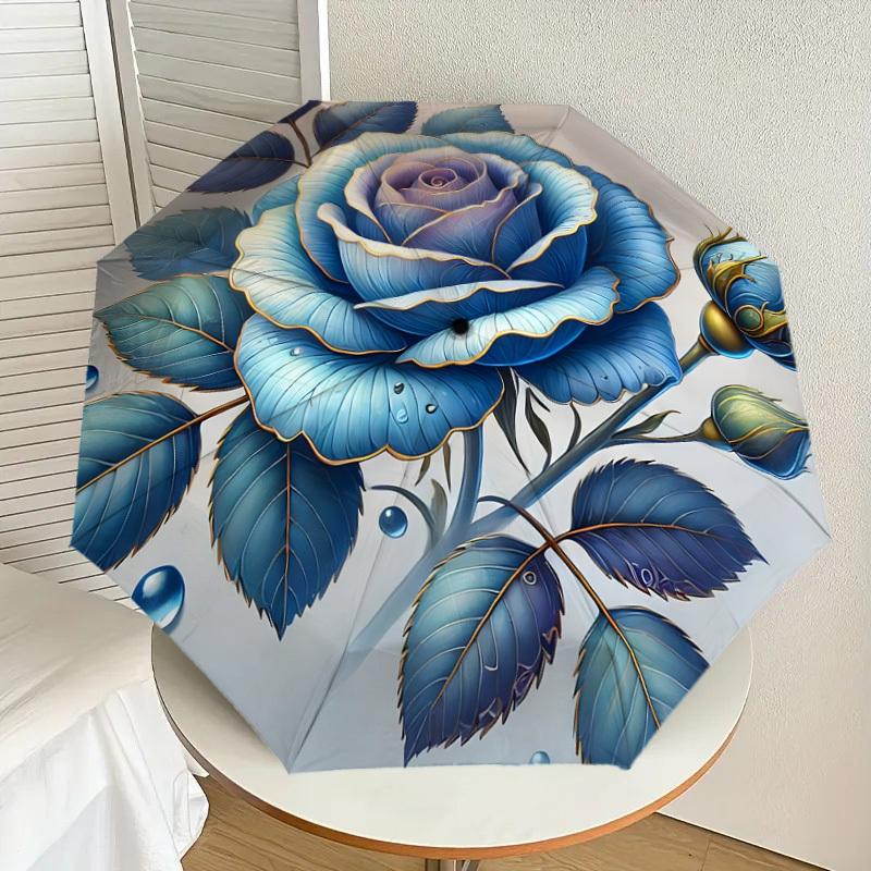 

1pc Blue Rose with Dew Drops Umbrella with Plastic Handle,Suitable for All Seasons Home Travel Outdoor UmbrellaDD1051