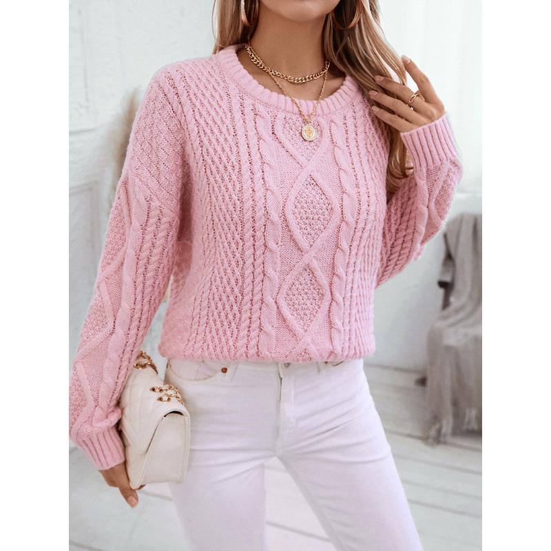 Dámský svetr jednobarevný Podzim a zima Pulovr s kulatým výstřihem Vintage Pletený svetr s copánkovým vzorem