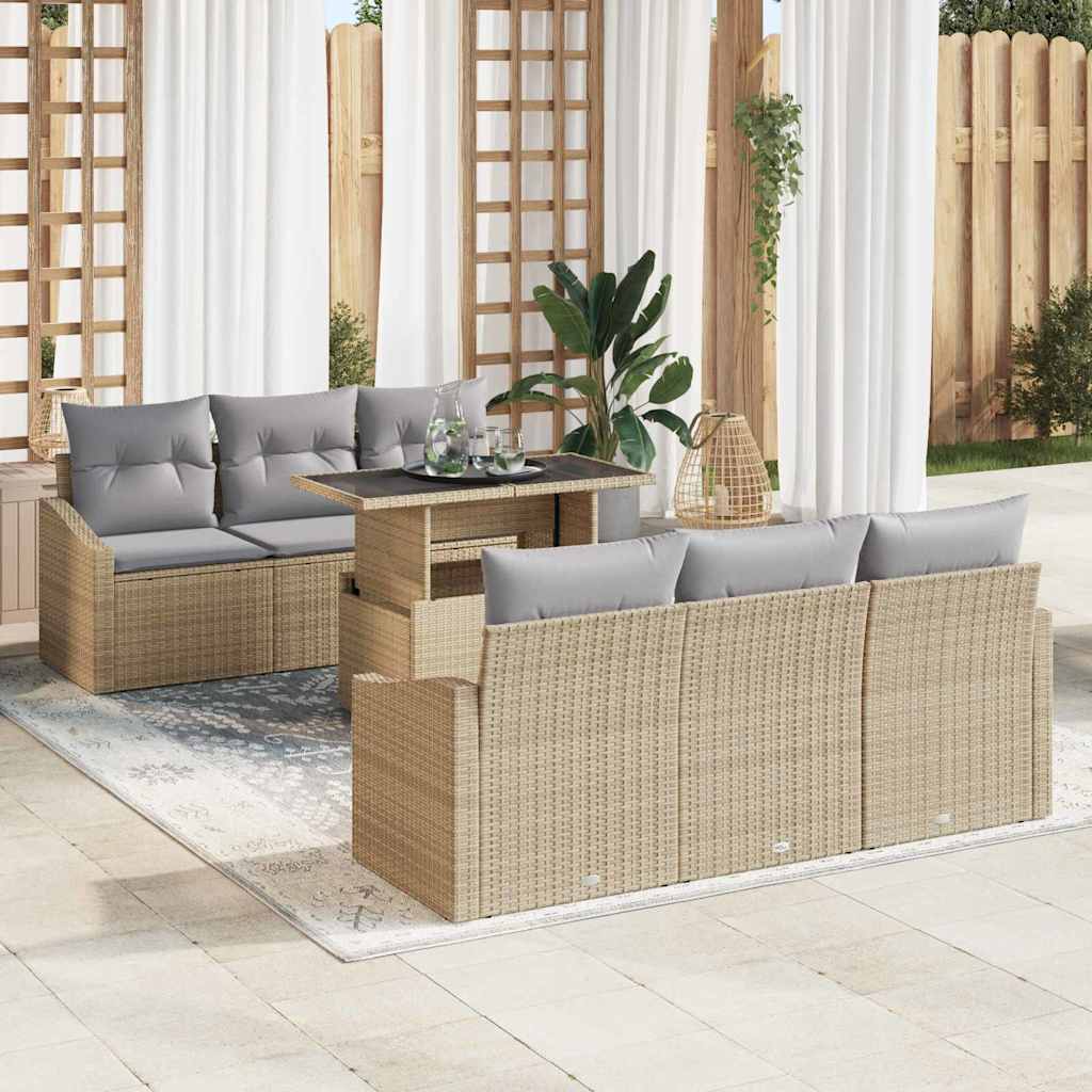 Garden Sofa Set with Cushions 7 Pcs Beige and Light Grey Poly Rattan