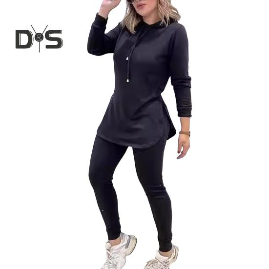 2 Teile/Satz Damen Oberteile Hosen Set Mit Kapuze Lange Ärmel Einfarbig Schlitz Saum Sweatshirt Elastische Taille Slim Fit Hose Sport Outfit Herbst Frühling Trainingsanzug