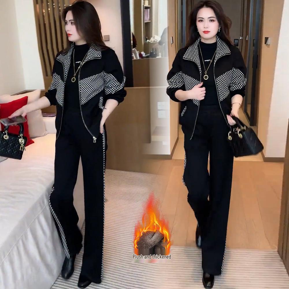 

Женский флисовый клетчатый лоскутный комплект-двойка: Трендовая куртка со стойкой и широкие брюки для зимы. 3XL [145-155 lbs]