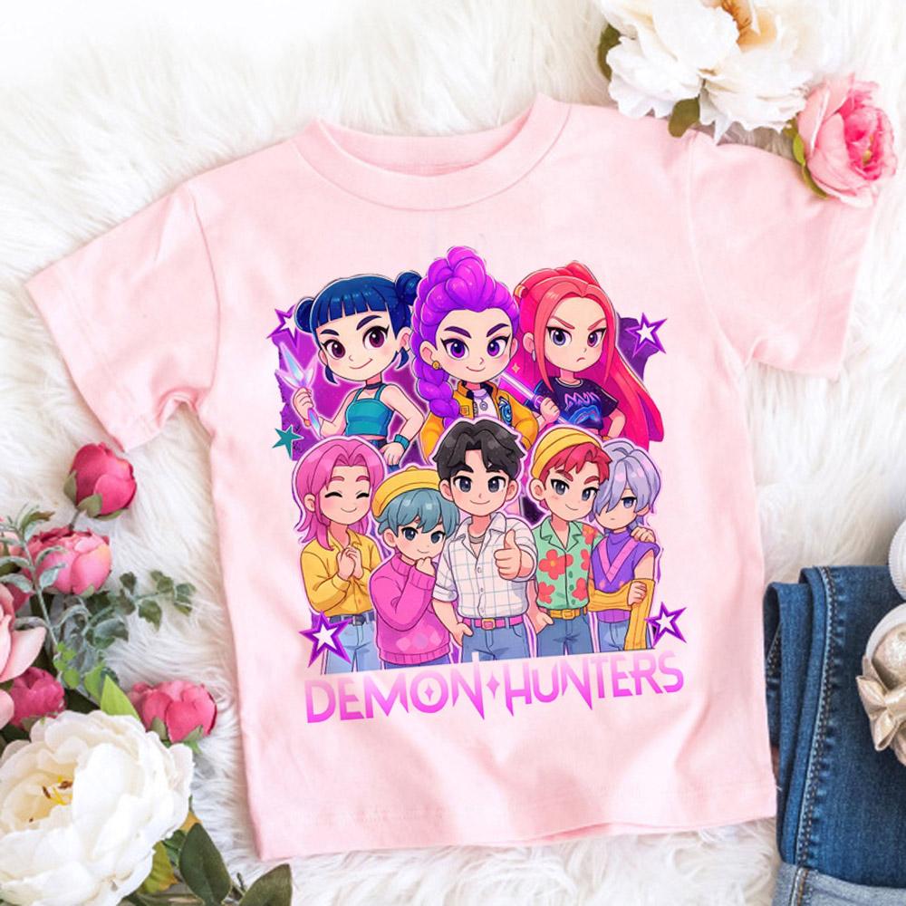 2025 Summer Kpop Demon Hunters T Shirt Kids Cartoon Anime Meme Print Clothes Round Neck Basic Grils Tops Casual Shirts Gift