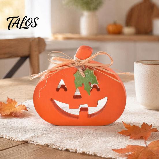 Wood Hollow Smile Face Decor Halloween Indoor Wooden Pumpkin Table Sign, Spooky Tabletop Block Fall Tiered Tray Centerpiece for Office Home