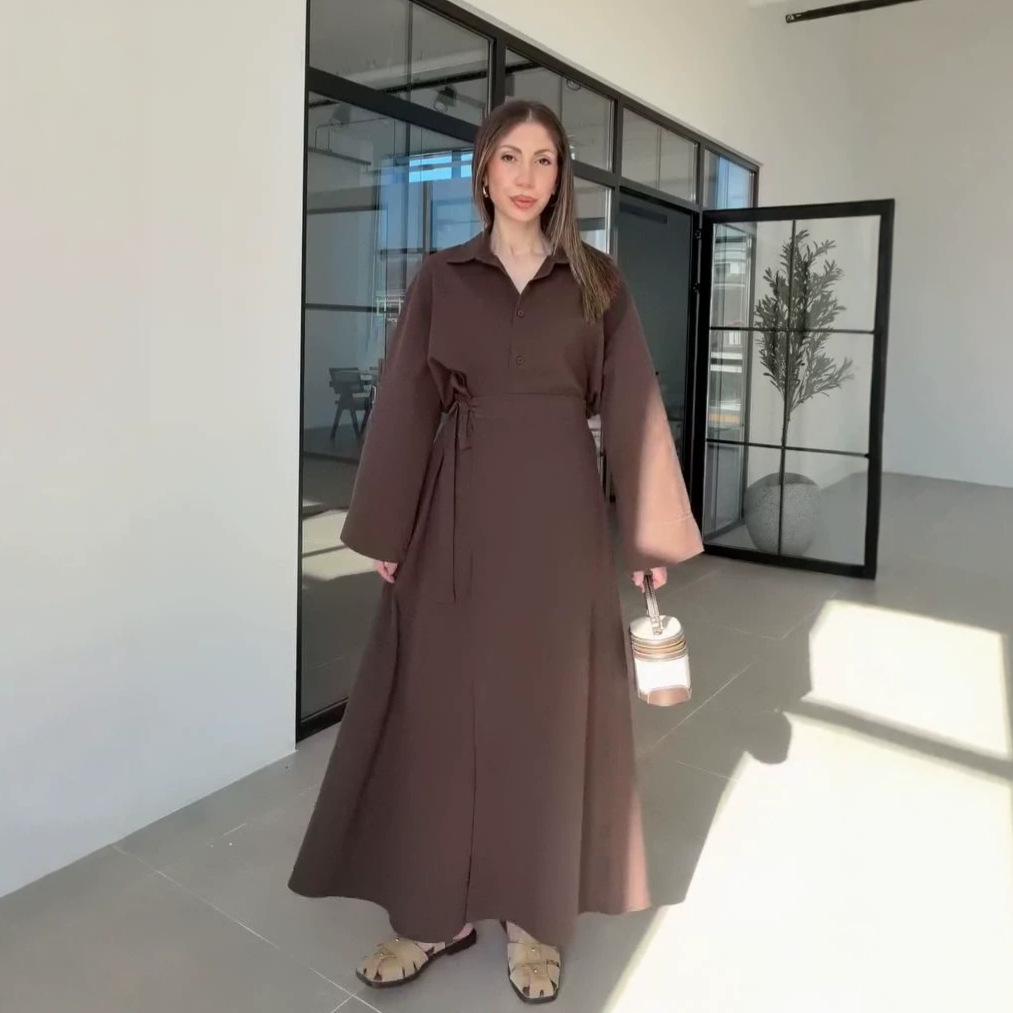 European and American women's clothing new elegant intellectual style solid color long-sleeved shirt high waist wide swing skirt set
