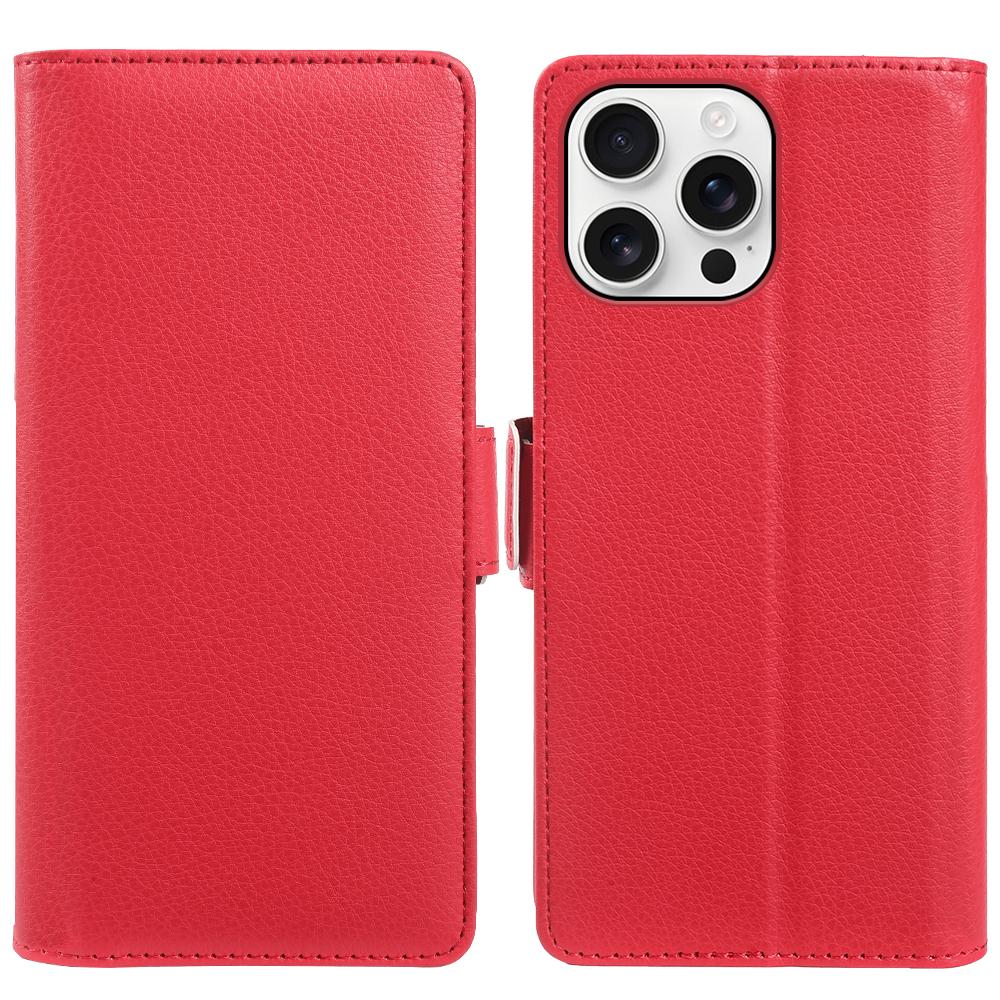 For iPhone 16 Pro Max Wallet Case with Dual Magnetic Clasp Litchi Textured Leather Flip Stand Phone Cover
