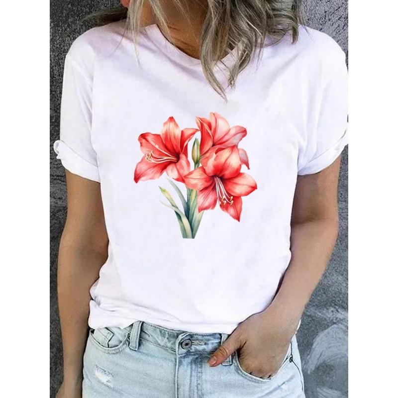 Cute Floral Print T-shirt Ladies Fashion Short-sleeved Clothing Casual Loose Top