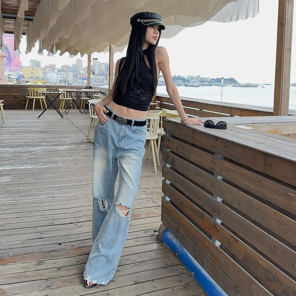 Spring Summer Vintage Ripped Straight High Street Slim Floor Wide Leg Denim Pants For Women Casual Pants Oversize Denim Trousers