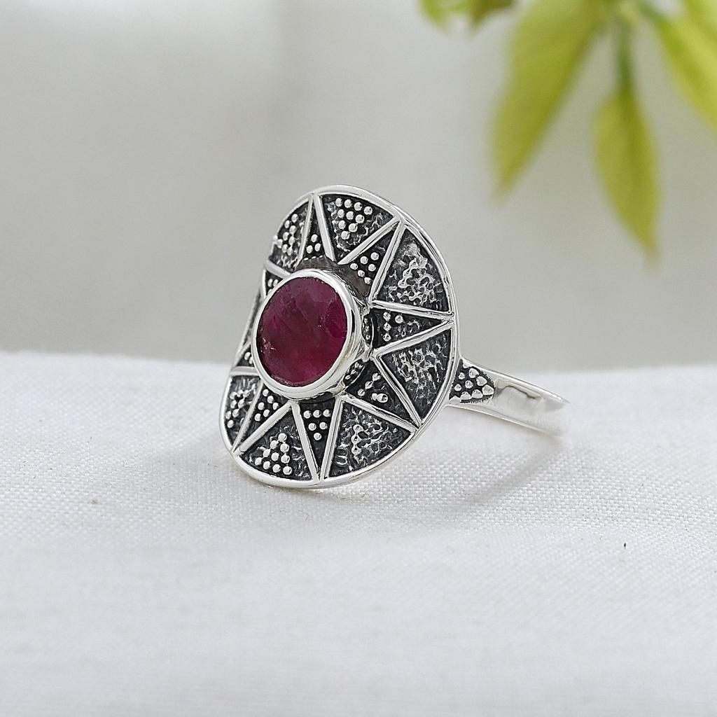 Lab Created Ruby Silver Ring, 925 Sterling Silver Handmade Jewelry, Silver Ring, Unisex Jewelry Ar8938
