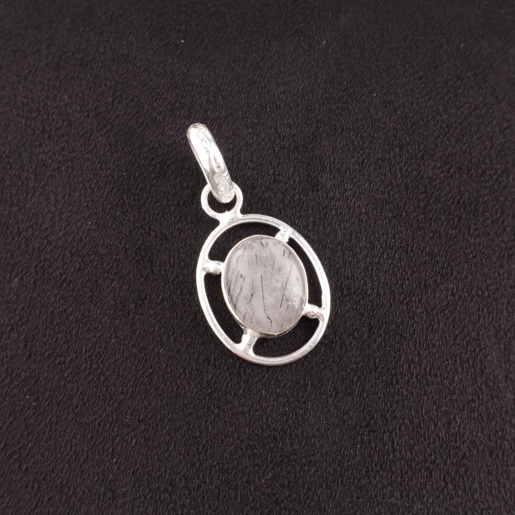 Oval Black Rutile Gemstone Sterling Silver Engagement Gift Wedding Boho Pendant PP-6-26