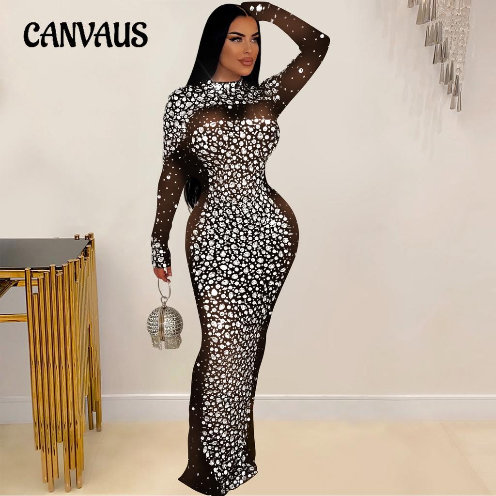 Moda Femei Culoare Solidă Mesh Drill Mâneci lungi Rochii lungi Rochie de seară Rochie de petrecere