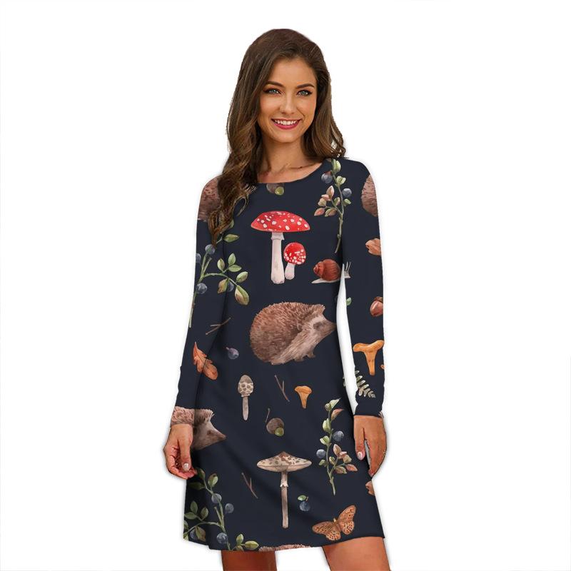 

Весна-Осень с длинным рукавом и круглым вырезом, свободное женское платье большого размера с принтом грибов, большие размеры