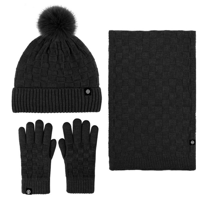 Winter warm scarf three-piece set outdoor cold-proof plush ball knitted hat scarf gloves 3-piece set