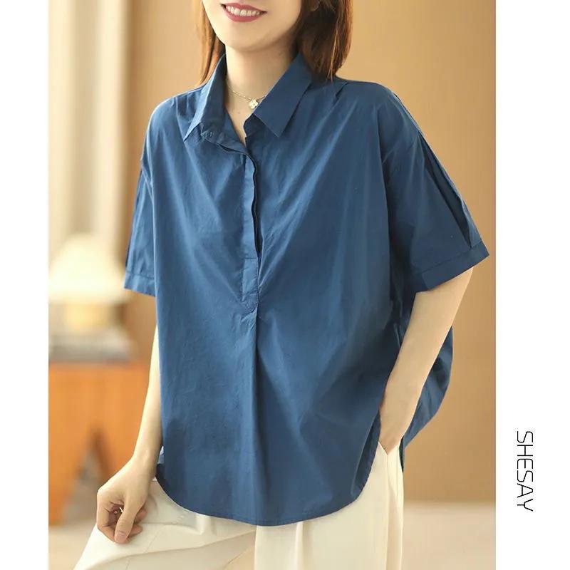 

Pure Cotton Loose Lazy Tailoring Solid Casual Versatile Short-sleeved Shirt Women s Summer New 4XL синій