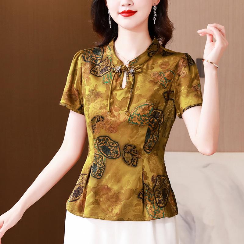 

Блузка из тутового шелка Xiangyun Yarn: Элегантный приталенный топ с коротким рукавом в новом китайском стиле 4XL [142-152 cm] жёлтый