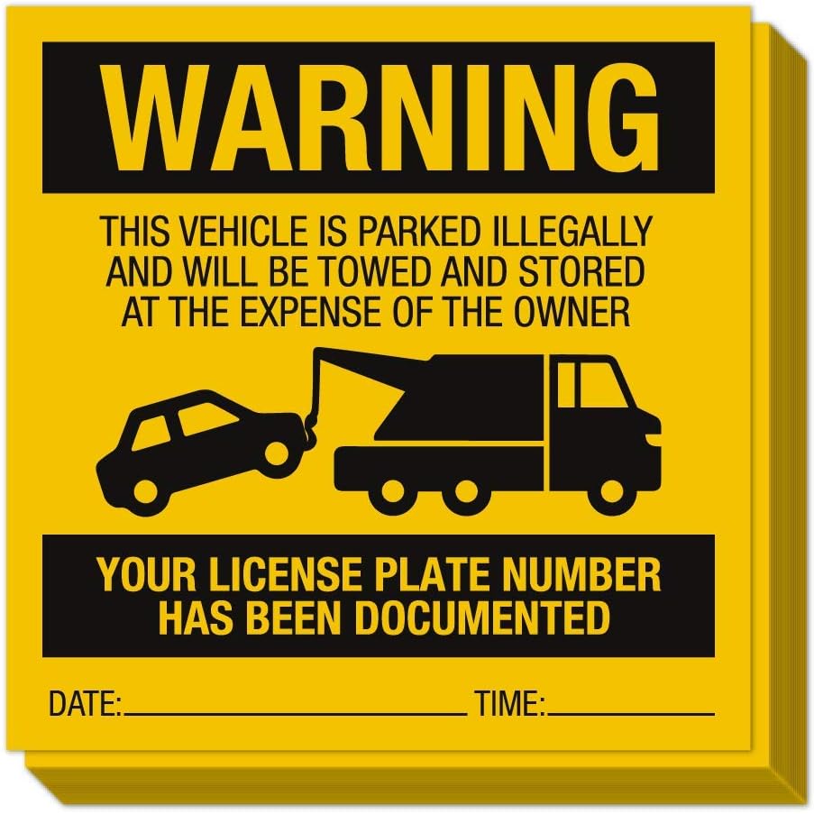 Illegally Parked Warning Stickers (Pack of 25) | Tow Away Warning Sign for Illegal Car Vehicle Parking Violation
