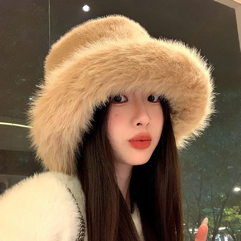 Plush hat female autumn and winter show small face warm ear protection plain face fluffy thickened versatile bucket hat