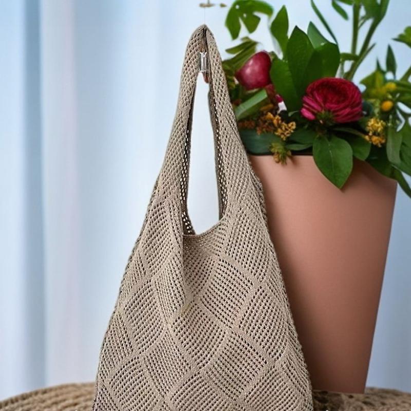 Vintage Hohlstricktasche Gewebte Tasche Damenhandtasche Häkeltasche Einfarbige Hohl-Henkeltasche Reise-Umhängetasche