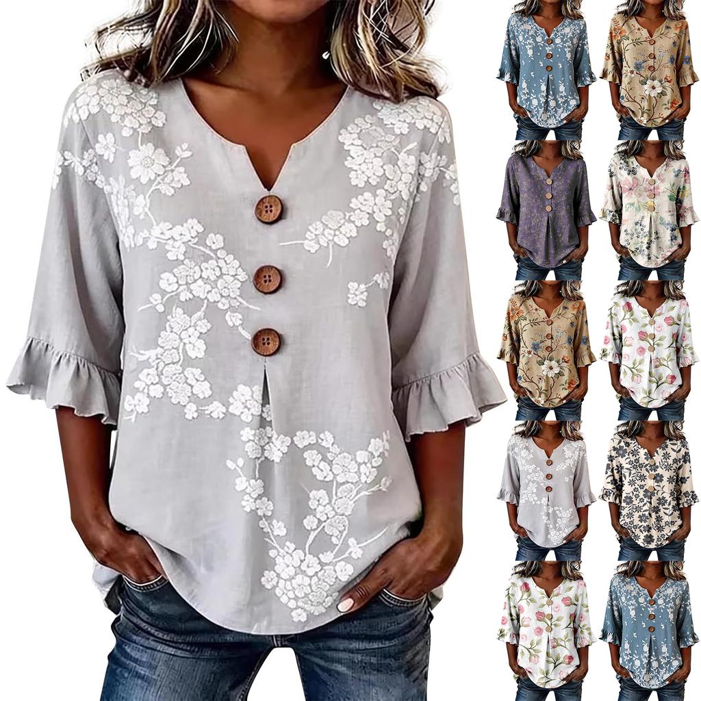 Womens V Neck Floral Print Button Front Loose Fit Top with Ruffle Sleeve Casual Blouse for Everyday Wear