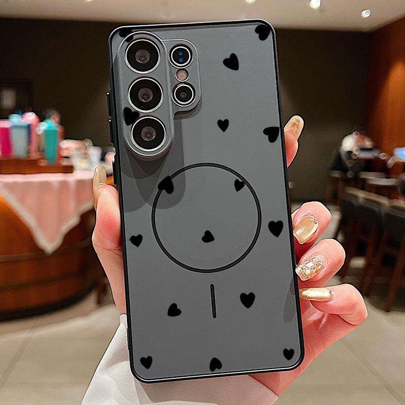 Magnetic For Magsafe Case For Samsung Galaxy S26 Ultra S25 Edge S24 Plus S23 FE S22 A54 A55 A56 5G Black Love Hearts Pattern Matte Cover