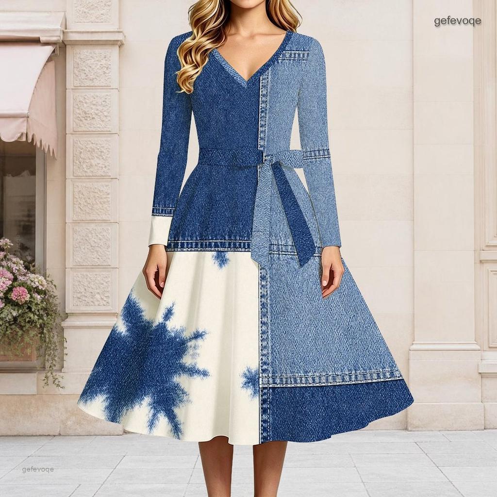 Women Plus Size V Neck Long Sleeve Printed White Purple Tie Waist A Line Flared Midi Dress