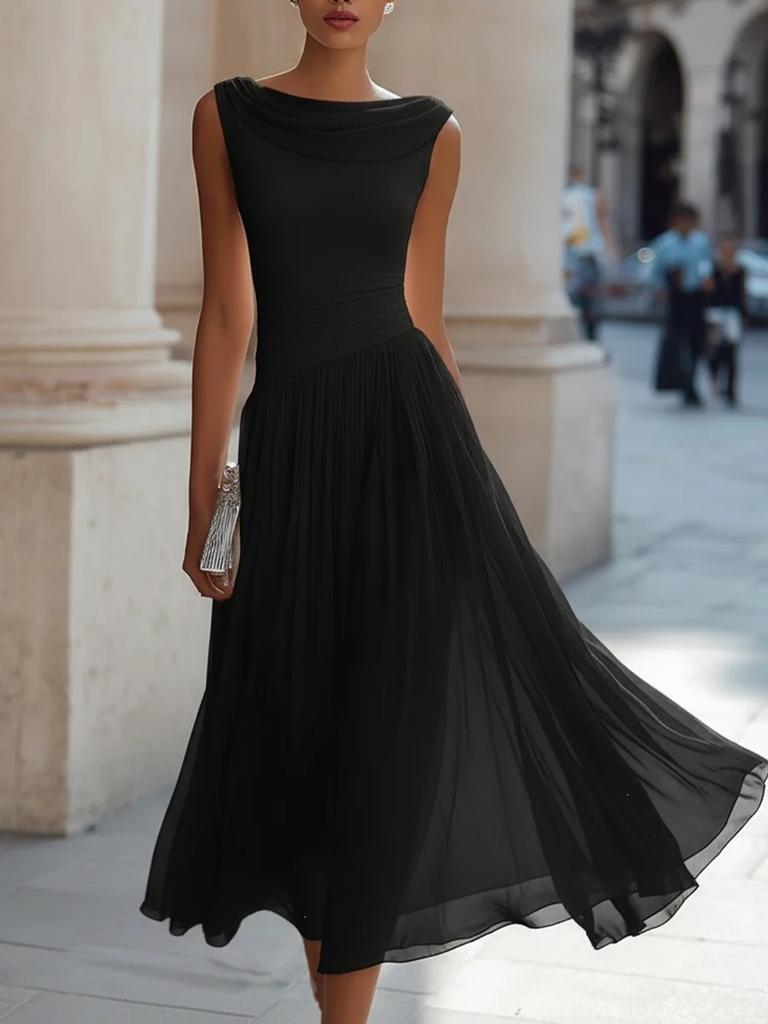 Women's Cowl Neck Sleeveless Maxi Dress Slim Fit Mid Waist Elegant Pleated Solid Color Party Vacation Wedding Guest Dress
