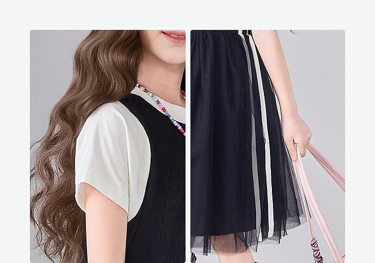 [Fake Two Piece Splicing Mesh Skirt] Girls' 25 Summer Mid to Large Children's Summer Dress Children's Color Contrasting Dress