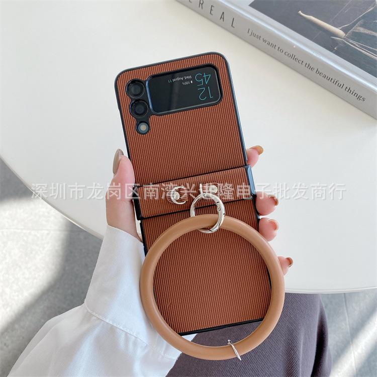 Applicable To Samsung ZFlip3 Mobile Phone Case Solid Color Twill Hand Hanging Ring Zflip4 Japanese and Korean Back Cover Integrated Hard Prot