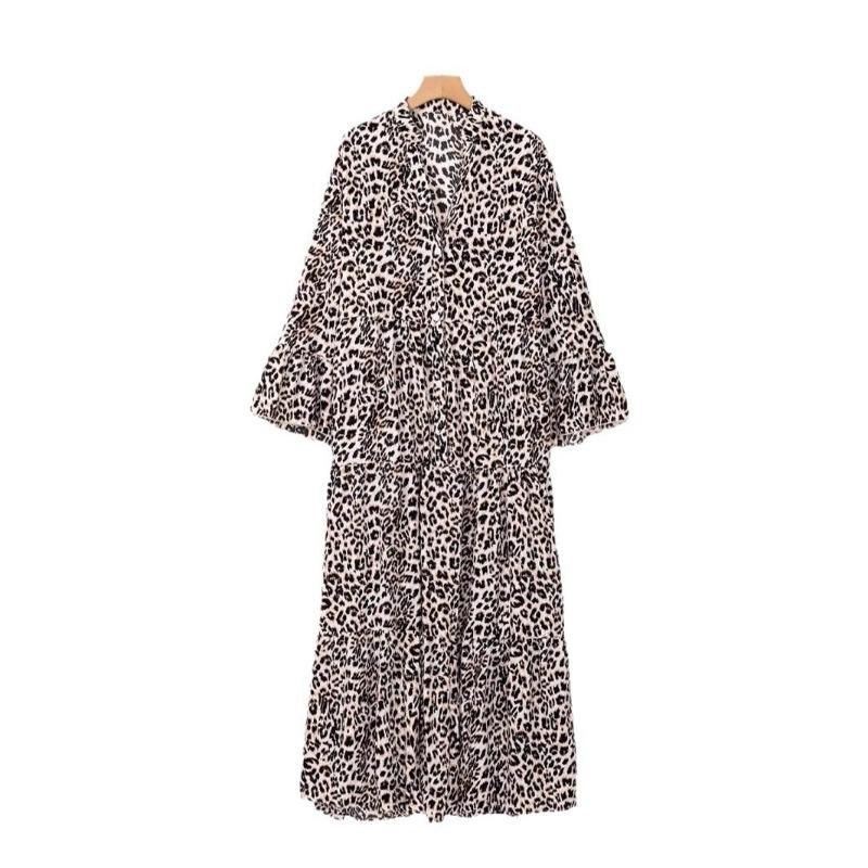 Spring and Autumn Leopard Print Long Women's Fashion Loose V-neck Button Dress