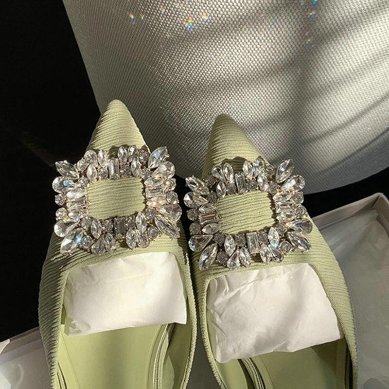 Fashion Square Buckle Rhinestone Pointed Shallow Mouth Single Shoes Women'S High Heel Thin Bun Head Back Empty Strap Sandals