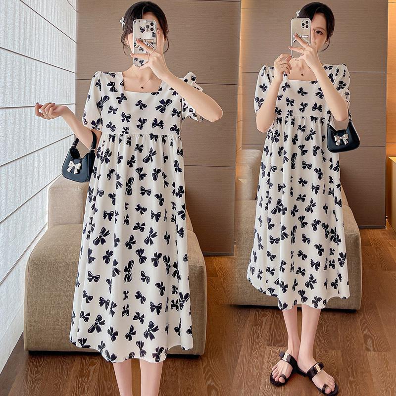 Plus Size Summer Maternity Dress: Square Neck, Butterfly Midi, Short Sleeve